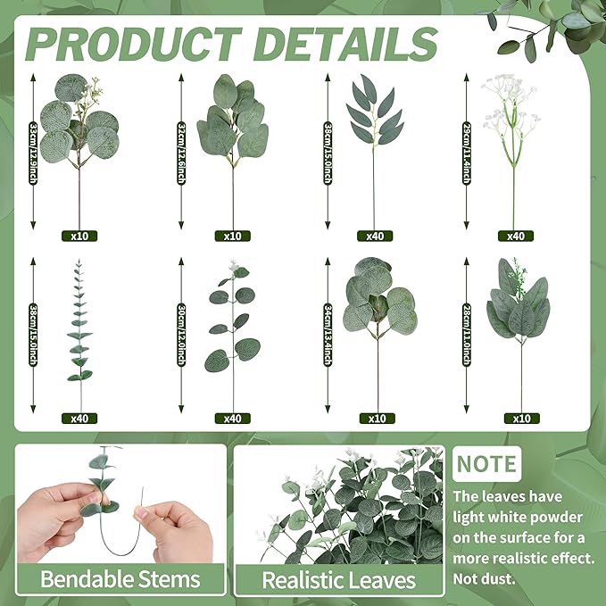 200 Pcs 8 Kinds Mixed Artificial Eucalyptus Stems Bulk Fake Silver Dollar Eucalyptus White Seeds Stems Bundle Faux Plants Greenery for DIY Bouquets Floral Arrangement Wedding Engagement Party Decor
