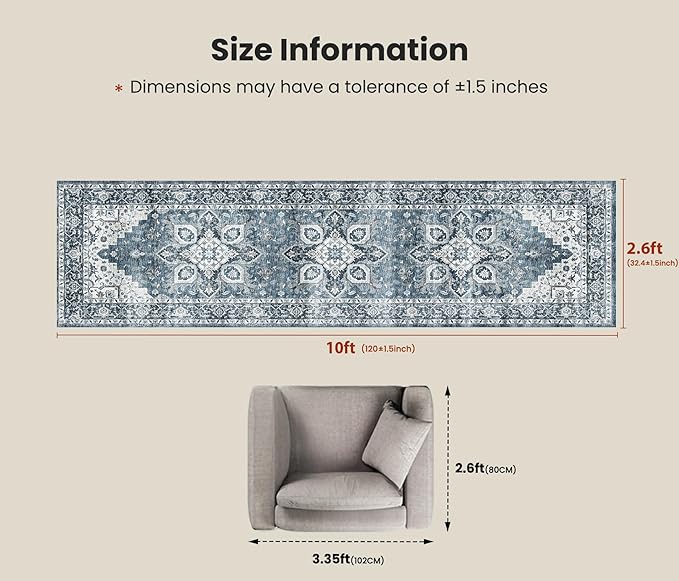 AMADA HOMEFURNISHING 2'6"x10' Washable Area Rug, Low-Profile Entryway Rug with Non-Slip Backing & Durable Edge Binding, Vintage Rug Pattern, Small Rugs for Entryway, Kitchen & Living Room