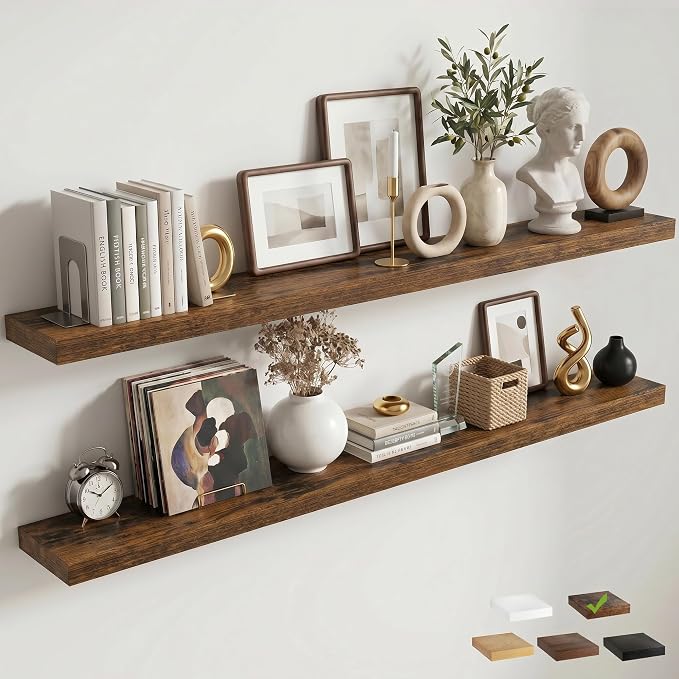72 Inch Floating Shelves for Wall, 8"D Wood Storage Shelves, Brown Finish | Engineered Wood, Invisible Bracket, Large Storage, Easy Install, Hold Up to 99lbs, Living Room, Bathroom, Bedroom, Kitchen