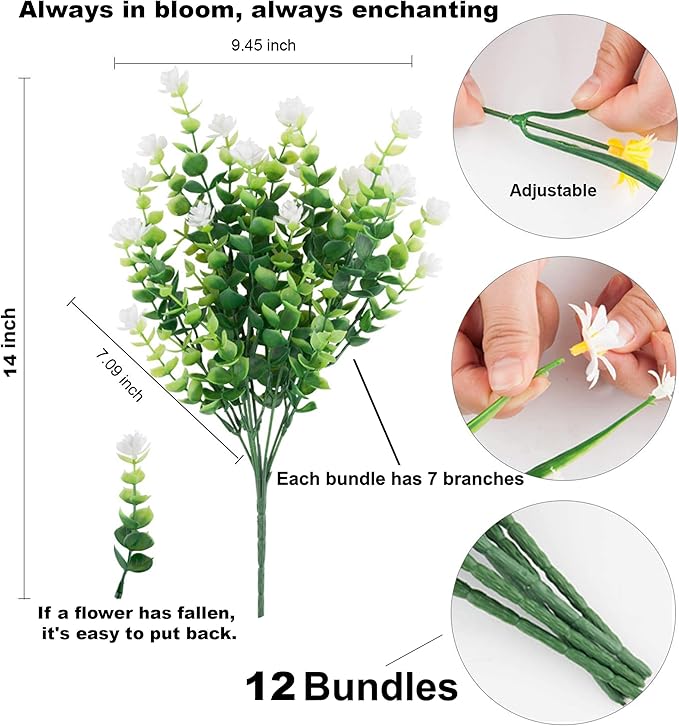 AXYLEX Artificial Flowers for Outdoors Fake Plants - 12 Bundles Faux Outside Greenery Boxwood No Fade Plastic Shrubs Fall Decor Farmhouse Home Garden (White)