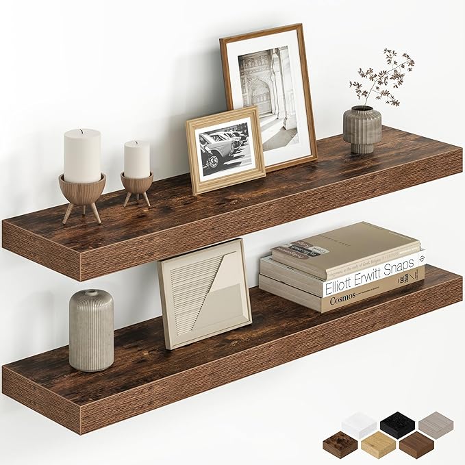 32 Inch Floating Shelves for Wall, 8 Inch Deep Rustic Wood Floating Shelves Set of 2, Wall Mounted Hanging Shelf with Invisible Brackets for Bathroom, Bedroom, Kitchen, Living Room, Rustic Brown