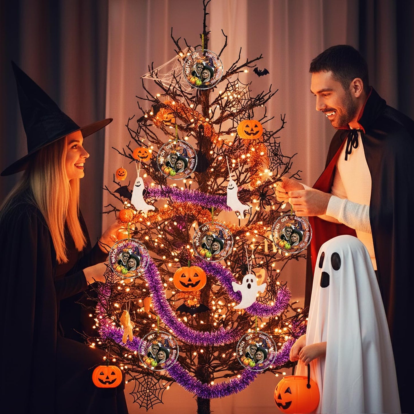 Custom Crystal Ornament, Personalized Halloween Couples/Family Photo Ornament, Halloween Spooky Glass Hanging Decor, Spooky Pendent, Ghost and Pumpkin Hanging Gifts