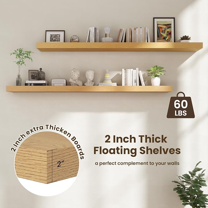 FLYJOE 72 Inch Floating Shelves | 12 Inch Deep Oak Floating Shelves Set of 2 | 72" W x 12" D Rustic Oak Wall Shelves for Bathroom Living Room Kitchen Laundry Room