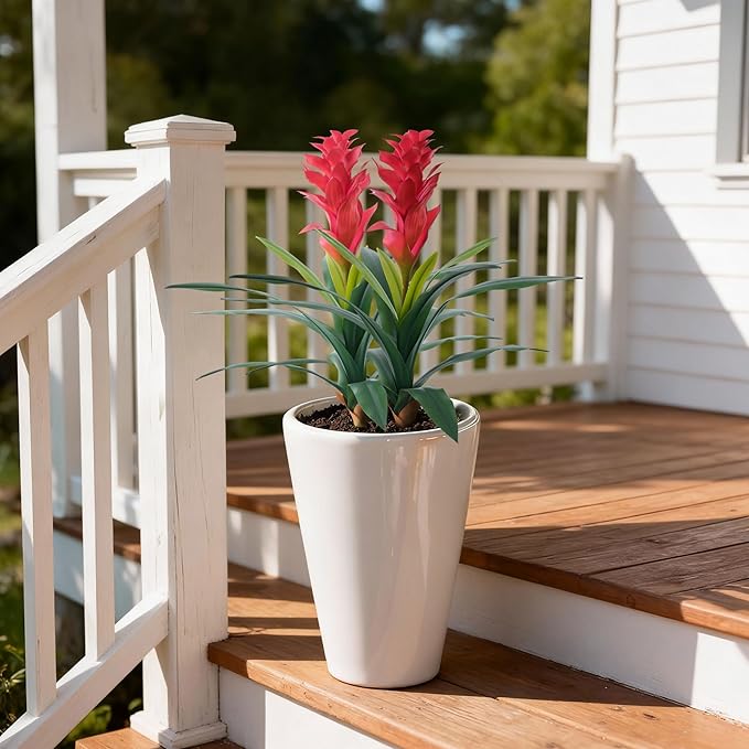 Ivydale Fake Flowers Plants for Outdoors, 2 Pcs 16.93" Bromeliad Artificial Flowers Uv Resistant Realistic Faux Flowers for Outdoor Planters Outside Porch Patio Yard Garden Indoor Decoration(Red)