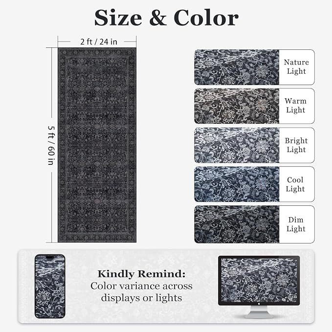 Vintage Dark 2x5 Rug Runners for Hallways, Non Slip Machine Washable Kitchen Runner, Low Pile Lightweight Carpet Runner for Entryway/Bathroom/Corridor/Laundry Room, Midnight