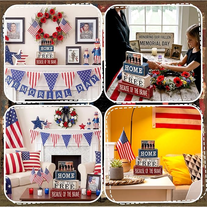 4 Pcs Patriotic Memorial Day Decorations 4th of July Tabletop Decorations Red White Blue Table Centerpieces Fourth of July Wooden Sign for Office Tiered Tray Home Shelf 250th Anniversary