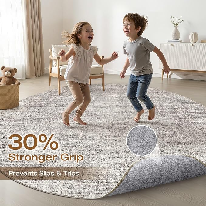 10ft Round Rug Living Room: 10x10 Washable Large Neutral Circle Area Rug Abstract Soft Modern Stain Resistant Indoor Floor Non-Slip Carpet for Bedroom Nursery Kids Office Playroom- Brown Gray