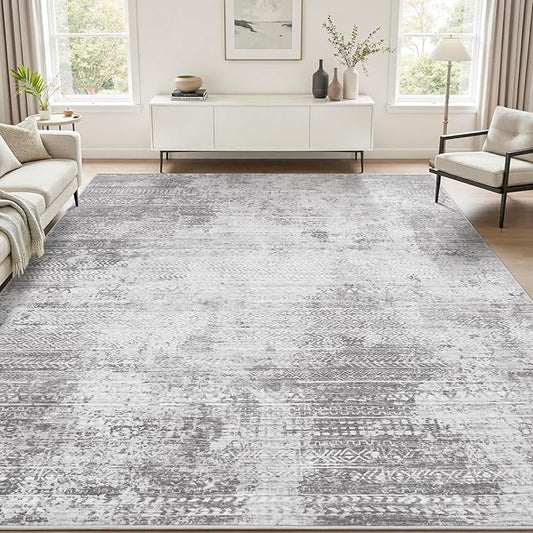 8x10 Area Rugs for Living Room Non Slip Machine Washable Rug Distressed Abstract Soft Indoor Carpet Neutral Boho Rug for Bedroom Dining Room Playroom Office, Grey