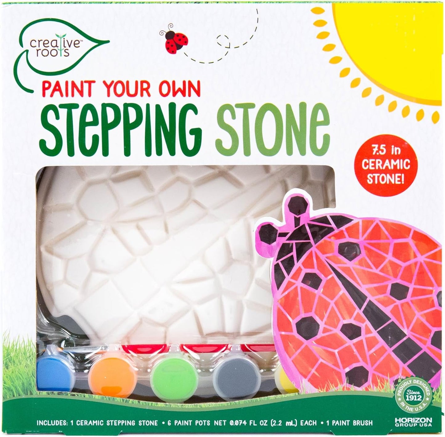 Creative Roots Mosaic Ladybug Stone, Includes 7-Inch Ceramic Stepping Stone & 6 Vibrant Paints, DIY Garden Stepping Stone Kit for Kids Ages 6+