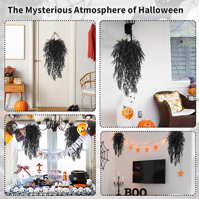 SJL Black Hanging Flowers Fake Hanging Plants Artificial Greenery Outdoor Flowers UV Resistant Fake Lavender Plant Plastic Flower Faux Vine for Garden Porch Gothic Halloween Decorations (Black)