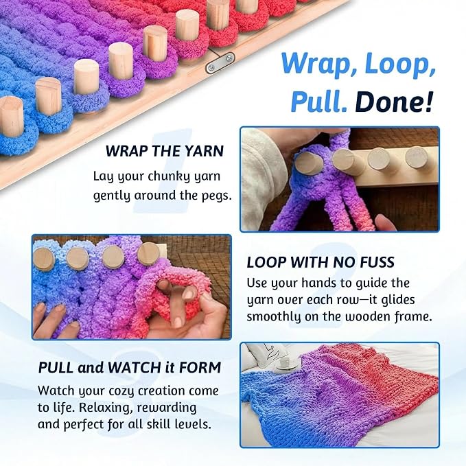 parknshop Upgraded Chunky Knit Loom - Premium Beech Wood Large Blanket Knitting Loom with Screw Fastening, No-Needle DIY Weaving Board for Beginners, Scarves & Handmade Blankets (48")