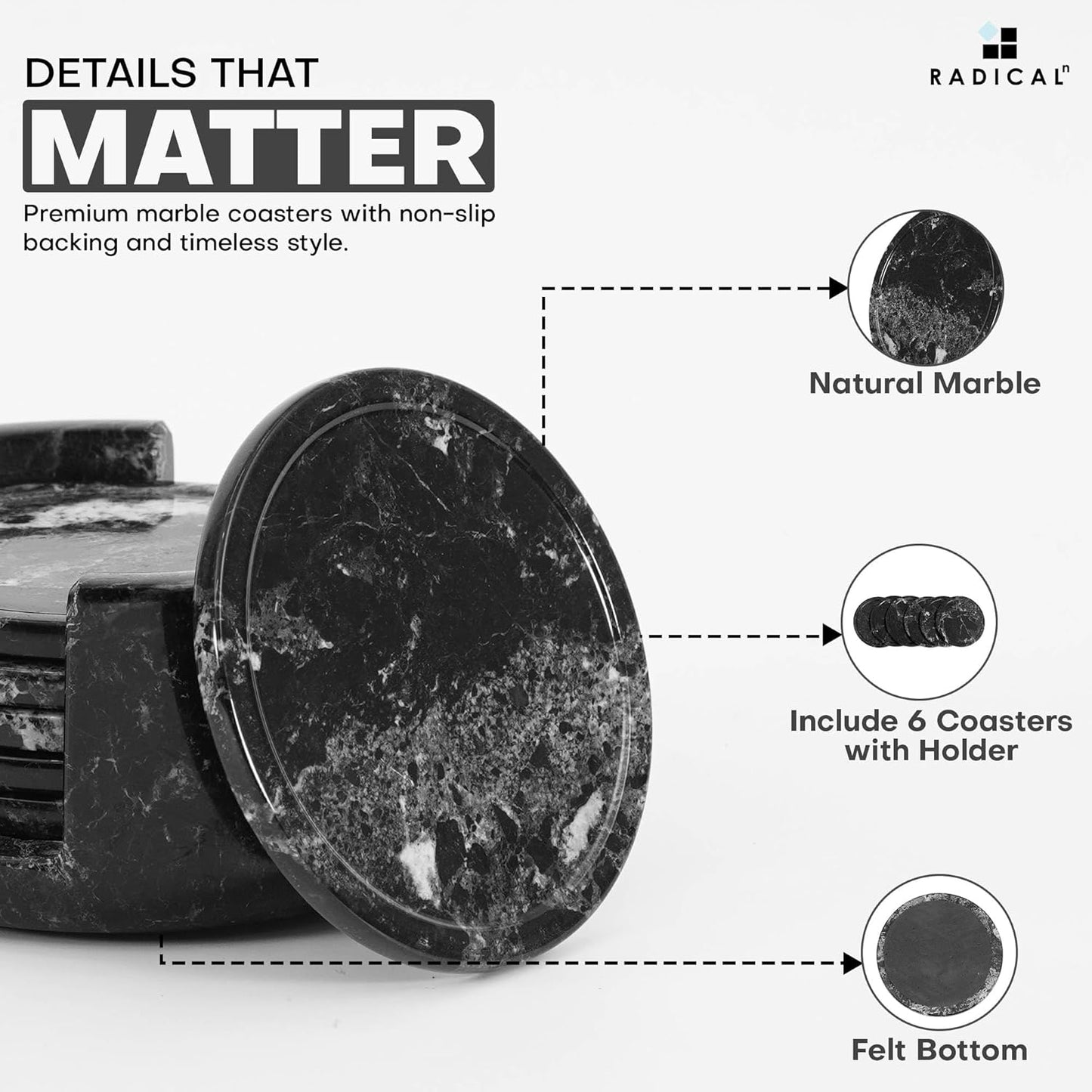 Marble Coasters Set of 6 Black 3.5 Inch Round Coaster for Drinks with Holder, Drink Coaster for Tabletop & Coffee Table Decor, Ideal Home Decor House Warming Gifts