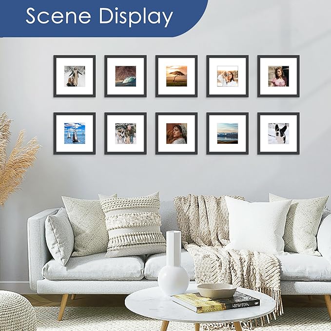 PEALSN 8x8 Picture Frame Set of 6, Display Pictures 5x5 with Mat or 8x8 without Mat for Wall Mounting or Table Top Display, Black.