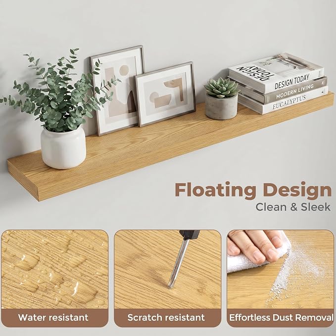 Venusmiles Floating Shelves for Wall, 40 Inch Floating Shelves Set of 2, 6.5" D Wooden Wall Mounted Display Shelves with Invisible Brackets for Living Room, Bedroom, Bathroom, Kitchen Decor, Oak