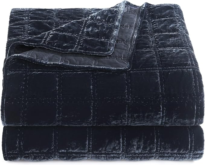 HiEnd Accent Stella Faux Silk Velvet Double Box Stitch 3 Piece Quilt Set, Full Queen Size, Midnight Blue Solid Color, Classic Chic Modern Rustic Elegant Bedding Set, Lightweight Bed Set