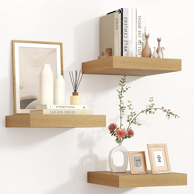 Venusmiles 12"x12" Square Floating Shelves for Wall, Oak Finish, 3-Pack | Engineered Wood Wall Shelves with Invisible Brackets for Living Room, Bedroom, Bathroom, Office & Kitchen Storage