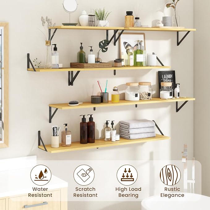 Acovy Floating Shelves for Wall Decor,24" Wx8 D Wall Mount Floating Bookshelf Set of 2,Hanging Storage Shelf with Sturdy Metal Brackets,Wooden Shelf for Living Room,Bedroom,Bathroom,Oak