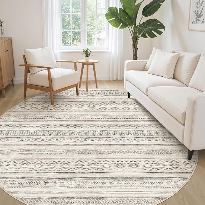 cotiled 8x8 Round Area Rug Living Room: Washable Boho Rugs with Non Slip Backing Large Soft Indoor Stain Resistant Carpet for Bedroom Farmhouse Dining Room Lightweight Home Decor Cream Brown