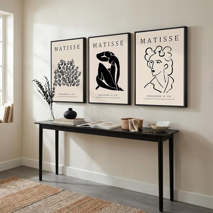 Framed Matisse Canvas Wall Art for Living Room, Set of 3 Abstract Black and White Minimalist Botanical Prints for Walls, Modern Aesthetic Pictures for Bedroom, Dining Room, Hallway and Office, Total Size 30x60