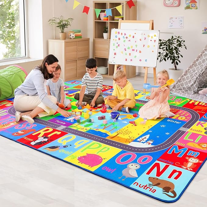 HOMORE Kids Rug, 7x10 ABC Rugs for Playroom Educational Rug for Childerns, Kids Collection Area Rugs for Learning Alphabet, Numbers, Colors, Season and Animal Words, Large Carpet for School Classroom