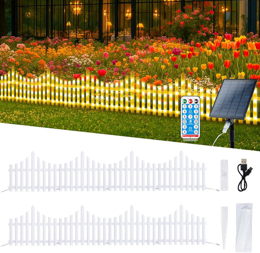 Hopolon 8 Pack White Picket Fence for Garden, 11.1in (H) X 9.1ft (L) Garden Fence Border with 144 Led Solar Lights and Remote, Decorative Mini Pocket Fence for Small Flower Path Tree Yard Pet Barrier