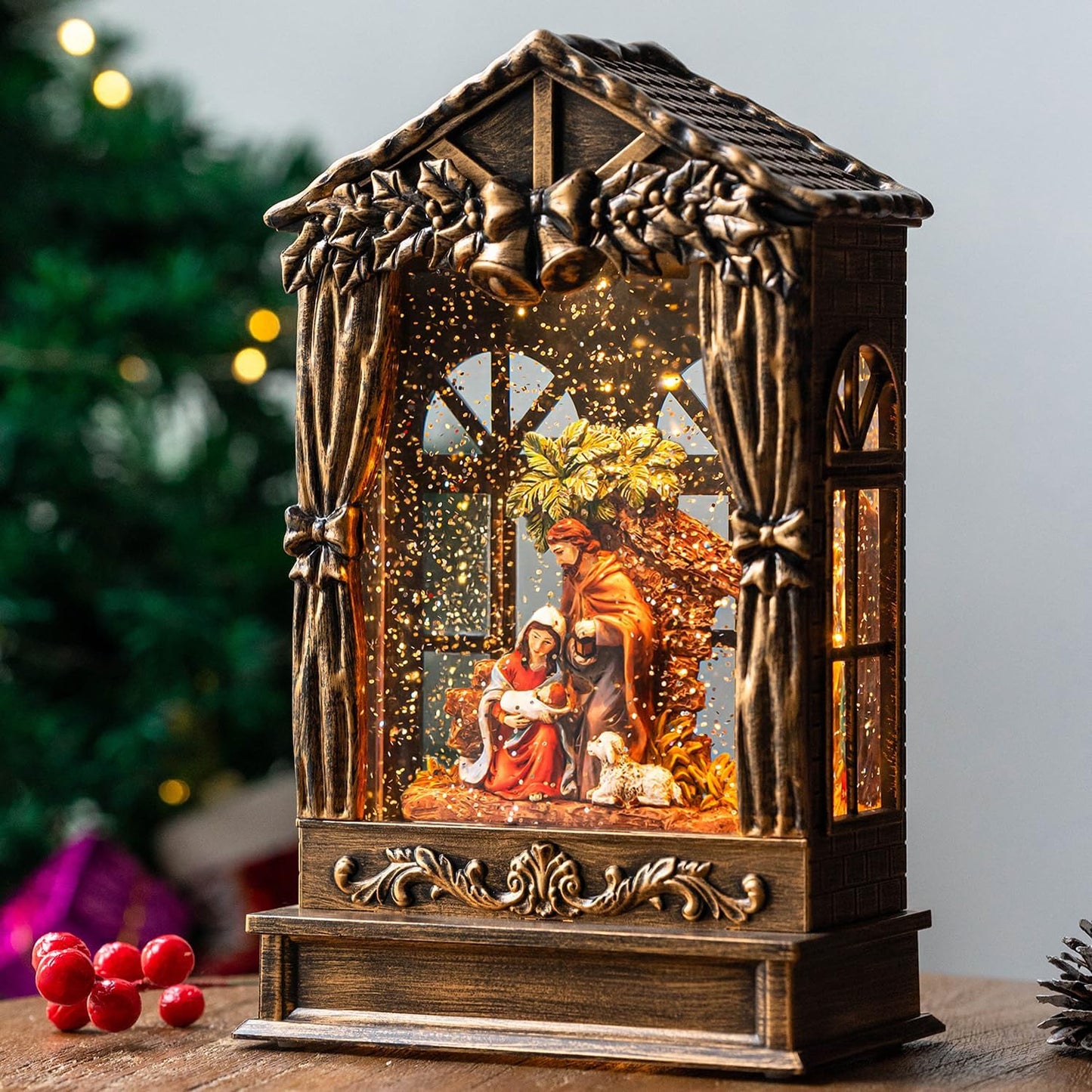 Christmas Snow Globe Swirling Glittering Holy Family Manger Scene, USB Lined/Battery Operated Lighted Water Lantern for Christmas Festival Decoration Gifts