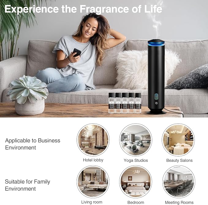 Waterless Scent Diffuser Starter Kit - 1500 Sq Ft Coverage, Scent Diffuser for Home, Hotel, Studio, Essential Oil Diffuser Large Room, 7 Mood Lights Setting, 5 Essential Oils Included, Black, 11.50In