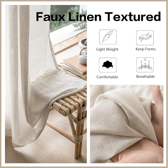 MAIHER Faux Linen Semi Sheer Pinch Pleated Drapes for Living Room, Light Filtering Pleated Curtain Panels 96 Inches Long with Hooks for Traverse Rod (Linen, 1 Panel, 72" W x 96" L)