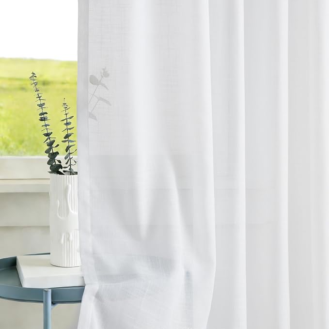 Vision Home White Pinch Pleated Sheer Curtains 108 inches Soft Cotton Feel Farmhouse Rustic Light Filtering Drapes,Window Treatment Panels with Hooks & Back Tab for Living Room Bedroom, 60" Wx108 Lx2