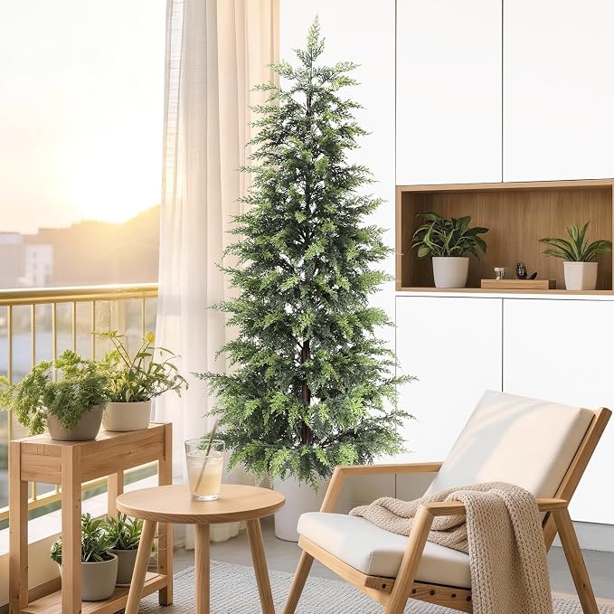ENVEN Outdoor Artificial Topiary Cedar Tree Real Touch Faux Pine Evergreen Shrub Plant UV Resistant Greenery Tree with Pot Realistic Cypress Front Porch Decor (5FT-1Pack)