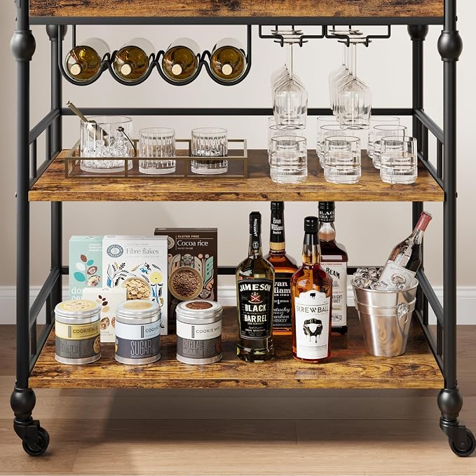 Garvee Bar Cart with Wheels, 3-Tier Rolling Serving Cart with Removable Tray, Mobile Kitchen Beverage Cart with Wine Rack & Glass Holder, Retro Roman Column Design, 35.4 x 15.7 x 34.1 Inches, Brown