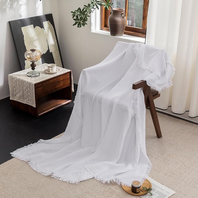FOSSA Muslin Blanket 4-Layer 100% Cotton Gauze Blanket with Fringe 50"x60" | Super Soft Breathable Lightweight All Season & Decorative Blanket or Bed, Sofa, Office (Bright White,Throw)