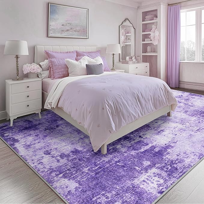 RELEANY Washable Area Rugs 5'x7' Non-Slip Modern Abstract Soft for Living Room Entryway Bedroom Nursery, Print Pattern, Purple Gray Pink White