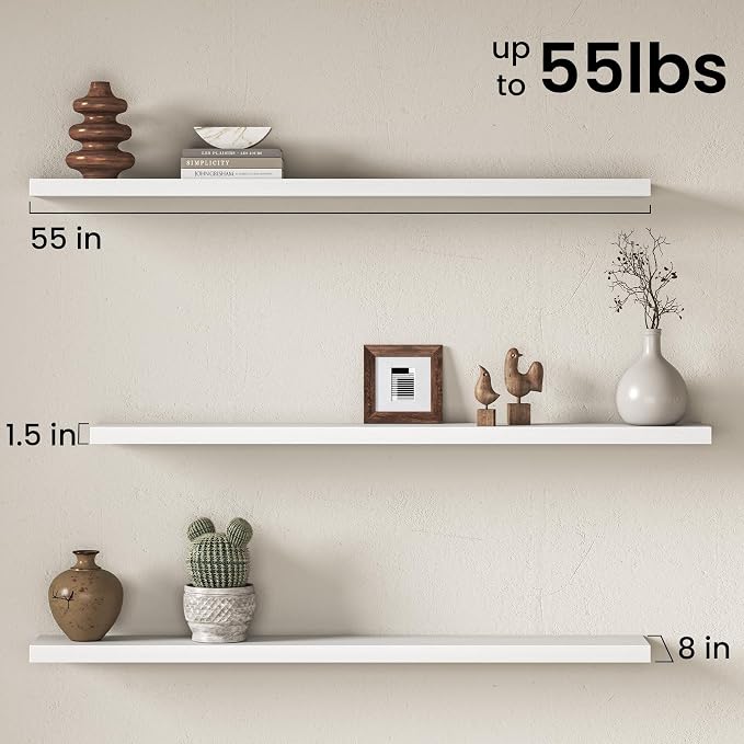 55" Floating Shelves for Wall, Set of 2, 8" Deep, 1.5" Thick, White | Rustic Wood Wall Shelves with Invisible Brackets, Storage and Display for Bathroom, Bedroom, Living Room or Kitchen