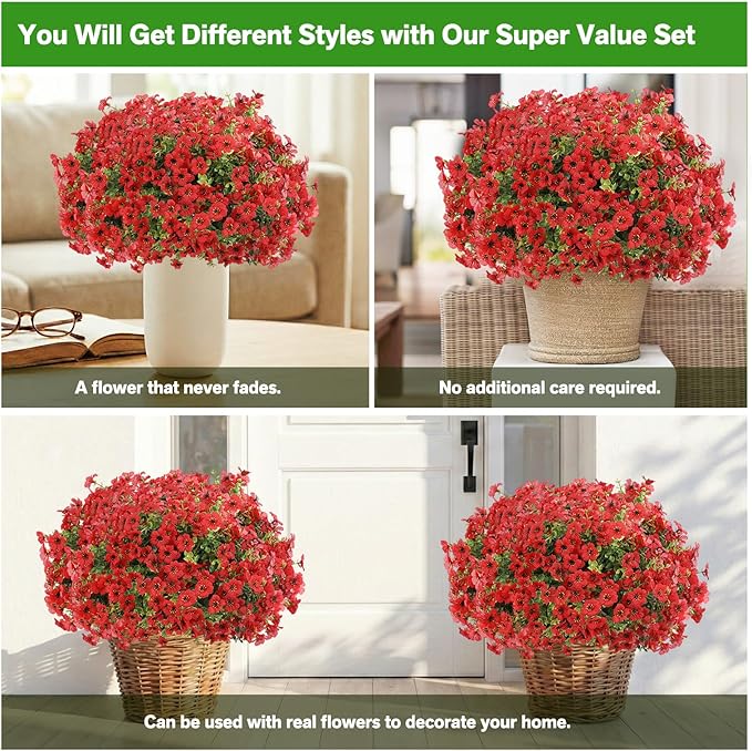 Artificial Flowers for Outdoor,Silk Flowers No Fade Fake Plastic Flowers UV Resistant Faux Plants for Outdoors Outside Front Porch Hanging Planter Window Box Garden Home Decoration,42 Pack(Red)