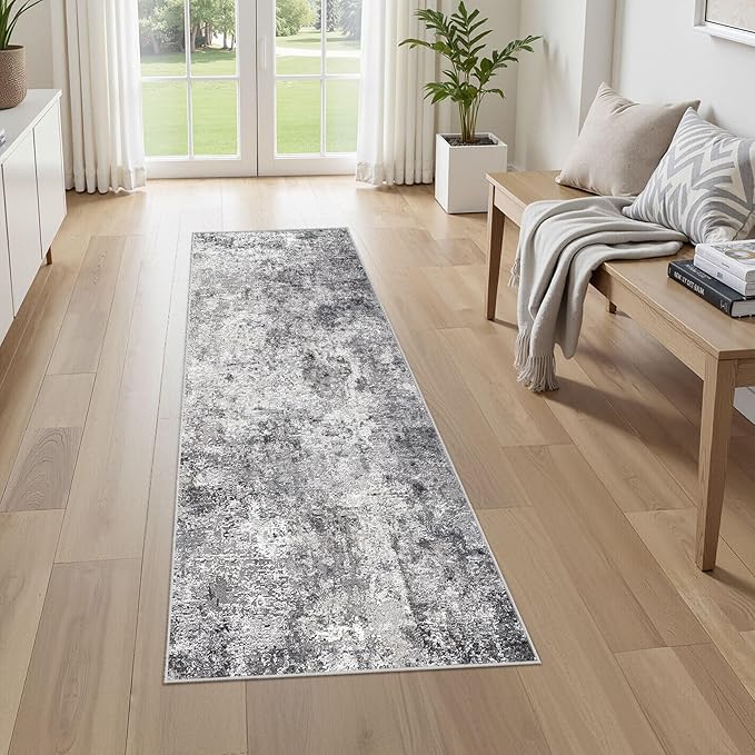 UERMEI 2X6 Washable Runner Rug for Hallway: Soft Neutral Modern Abstract Area Rug - Non-Slip Low Pile Long Throw Indoor Carpet for Kitchen Entryway Kitchen Bedroom Laundry Bathroom - Grey