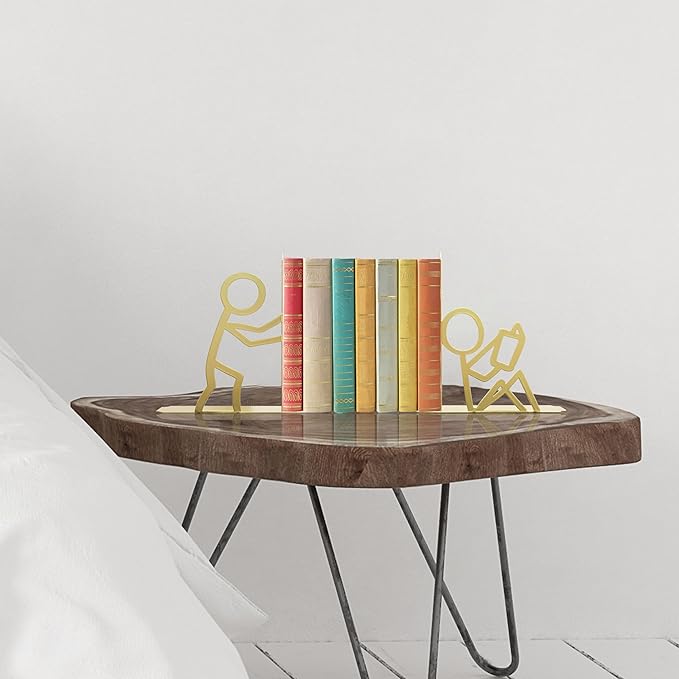 Metal Unique Office Desk Bookends Decorative Cute Book Ends Reading Decor Bookshelf Decor for Office School Library Bedroom, Book Lovers Gift（Gold）