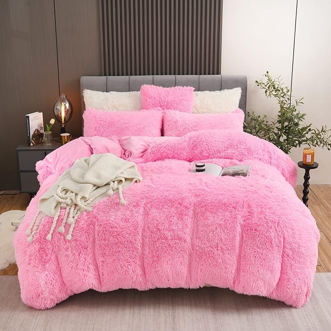 Fluffy Plush Pink Duvet Cover Set King Size, Luxury Soft Velvet Fuzzy Comforter Cover Bed Sets 4Pc(1 Faux Fur Duvet Cover + 2 Pillow Cases + 1 Pillow Cover) Zipper Closure (King, Light Pink)