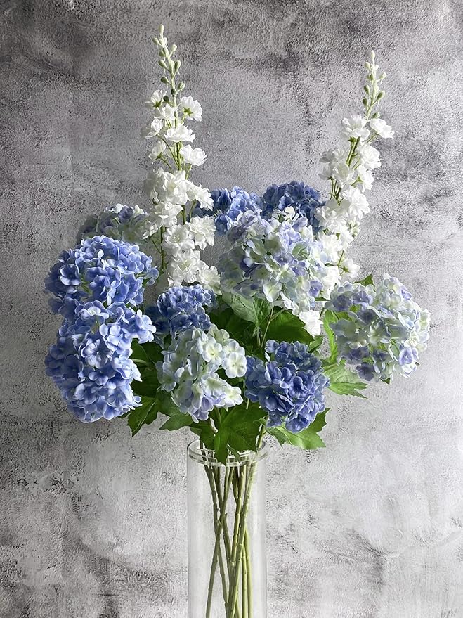YalzoneMet 4 Pcs Artificial Snowball Viburnum Hydrangea Flower 26.8'' Blue Small Real Touch Faux Latex Long Stem for Christmas Home Decoration Xmas Table