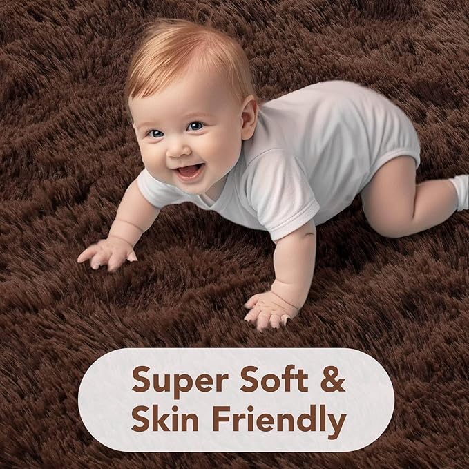 FinRèc 9x12 Rugs for Living Room Bedroom, Dark Brown Fluffy Shaggy Area Rug, Non-Slip Soft Shag Rug for Nursery Kids Room Dorm Room Home Decor, Indoor Plush Floor Carpet