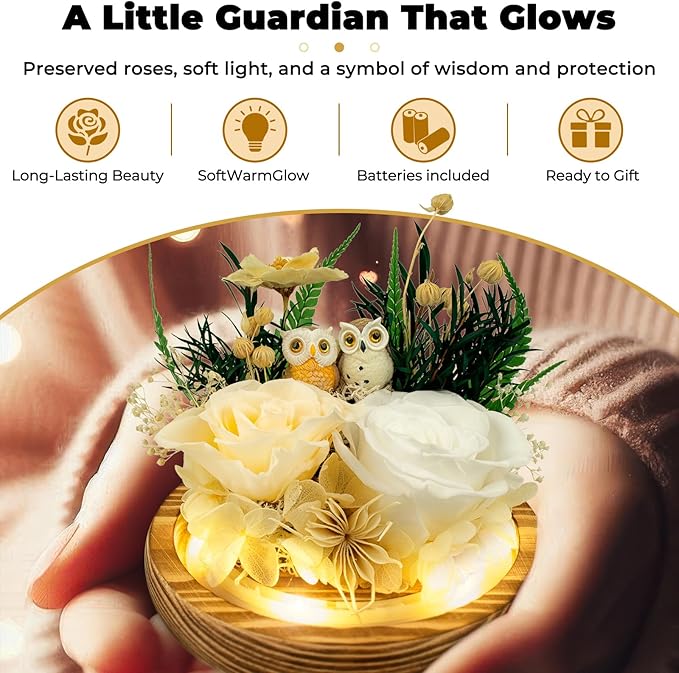 Preserved Flowers Roses Gift for Mom, Wife, Grandma - Forever Real Roses with Owl Decor - Unique Birthday, Mothers Day Gifts for Women - Flower for Delivery