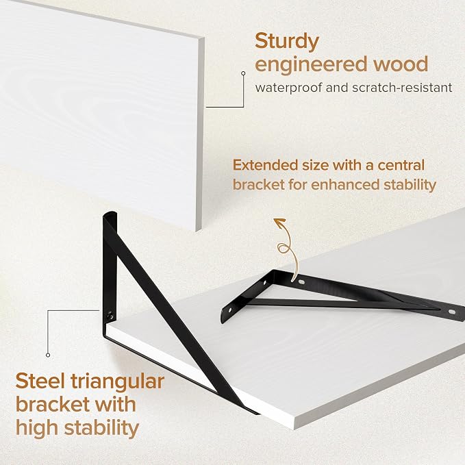Acovy Deep Floating Shelves Wall Mounted, 55"x12" White Wall Shelves with Brackets Set of 2 for Bedroom, Living Room, Bathroom, Kitchen, Office - Storage & Display Shelf for Decor, Books, Plants