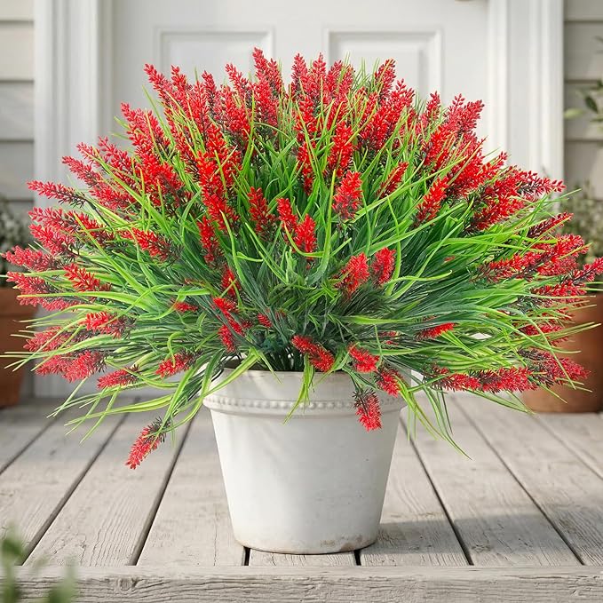 Rowfad 22 Pcs Artificial Outdoor Flowers Fake Outdoor Plants Monkey Grass with Red Flowers for Pot Decor for Window Garden Patio Hanging Planter Pathway Front Porch (22, Red)