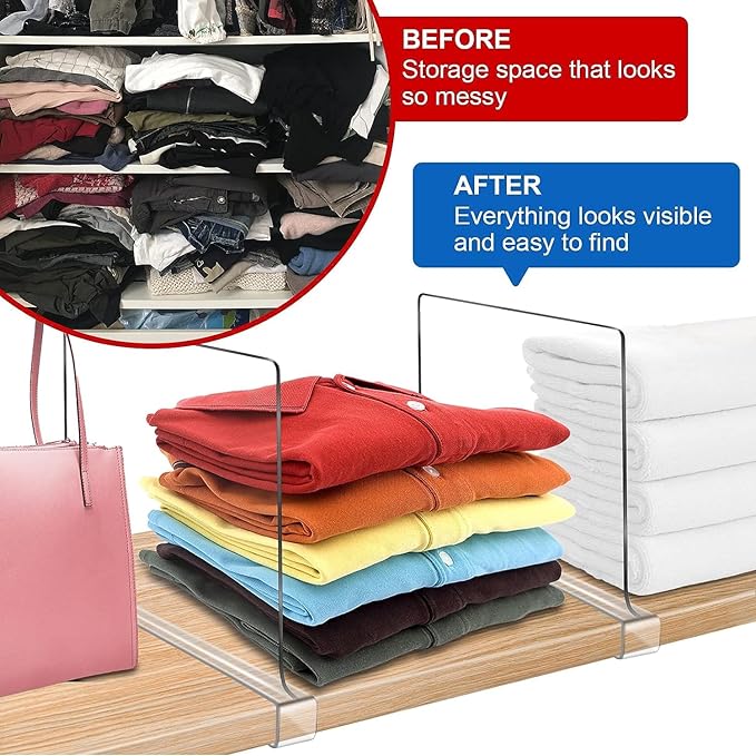 Acrylic Shelf Dividers, Clear Shelf Divider for Closet Organization 12PCS Closet Shelf Divider Closet Dividers for Shelves Shelf Organizer for Closet Shelf Organizer for Wood Closet Cabinets Separator