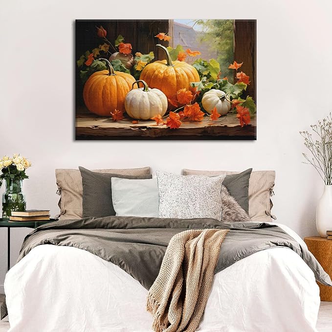 Vintage Pumpkin Canvas Wall Art Fall Pictures Halloween Maple Leaf Autumn Decor Thanksgiving Wall Prints Rustic Framed Wall Decor Modern Artwork for Living Room Kitchen Bedroom Home Decorations 32x48”