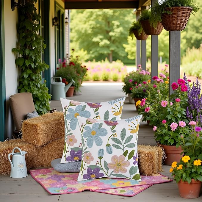 Embroidery Pillow Covers 18x18 Set of 2 Multicolored Flowers Throw Pillow Covers Farmhouse Pillow Cushion Case Spring Summer Decorative Farm Pillowcases Square Rustic Floral Pillow Case