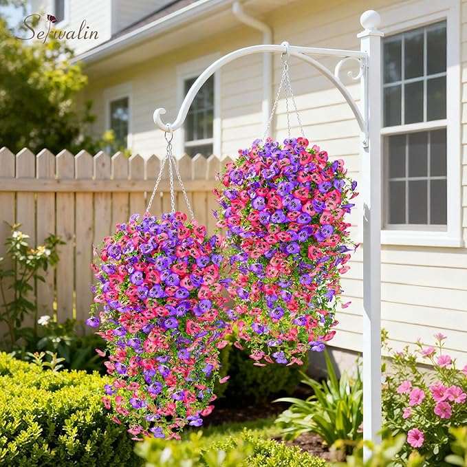 Serwalin Artificial Fake Hanging Flowers for Outdoors Planters,6PCS UV Resistant Faux Pansy Spring Flowers for Outside Porch Patio Garden Window Box (Rose Pink Purple)