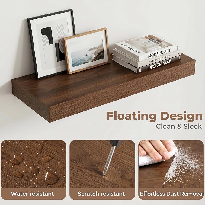 20 Inch Floating Shelves for Wall, 8"D Wood Storage Shelves, Walnut Finish | Engineered Wood, Invisible Bracket, Large Storage, Easy Install, Hold Up to 33lbs, Living Room, Bathroom, Bedroom, Kitchen