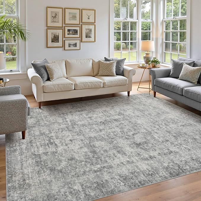 Rugxara 6x9 Area Rugs for Living Room Bedroom, Large Washable Rug, Grey Vintage Abstract Boho Rug, Non Slip & Low Pile Faux Wool Carpet for Indoor Dining Room, Farmhouse and Kids Room(Grey 6x9ft)
