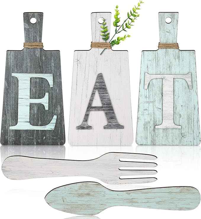 Jetec Cutting Board Eat Sign Set Hanging Art Kitchen Eat Sign Farmhouse Fork and Spoon Wall Decor Rustic Primitive Country Kitchen Decor for Home over Cabinet Decoration(Gray, White, Blue)